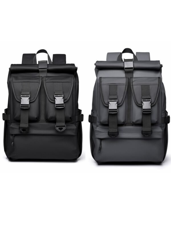 Roll top backpack with expandable 18–24L capacity and laptop compartment
